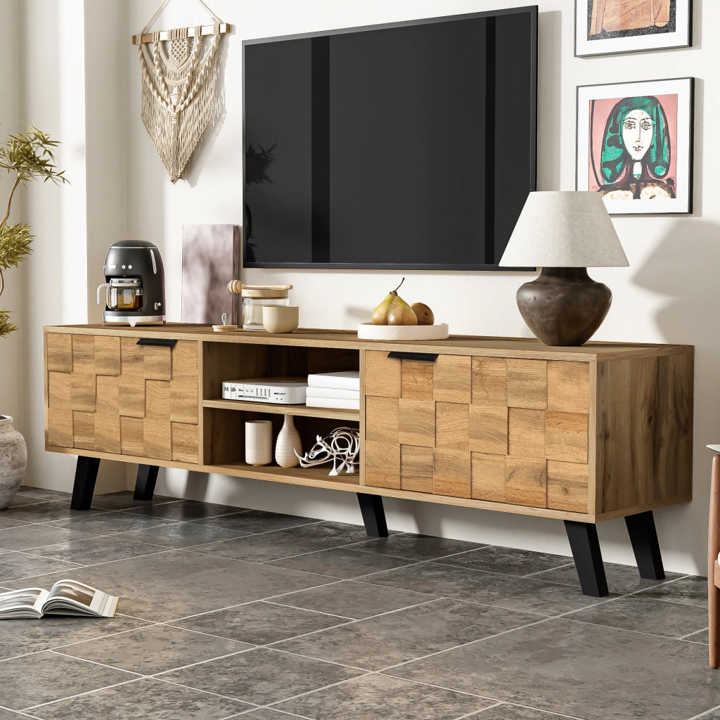 Mobile porta televisore moderno in effetto legno con 2 ante e 2 vani aperti, ampio e funzionale