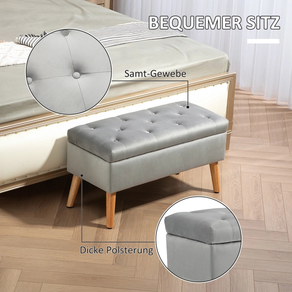 Panca con Contenitore in Tessuto Vellutato Grigio 102x35x43 cm con Gambe in Legno di Gomma