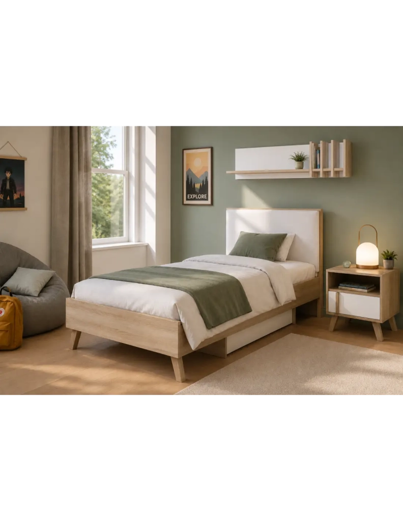 Set camera da letto per bambini MALMO con letto 90x200, comodino e scaffale – Rovere chiaro e bianco