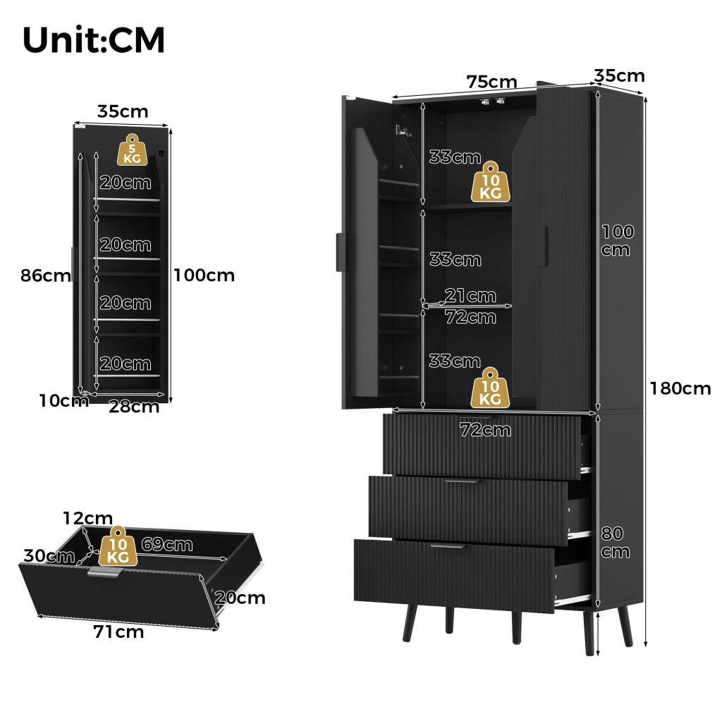 Mobile alto ULEVR 75x35x180 cm con 2 ante, 3 cassetti e ripiani regolabili, MDF nero