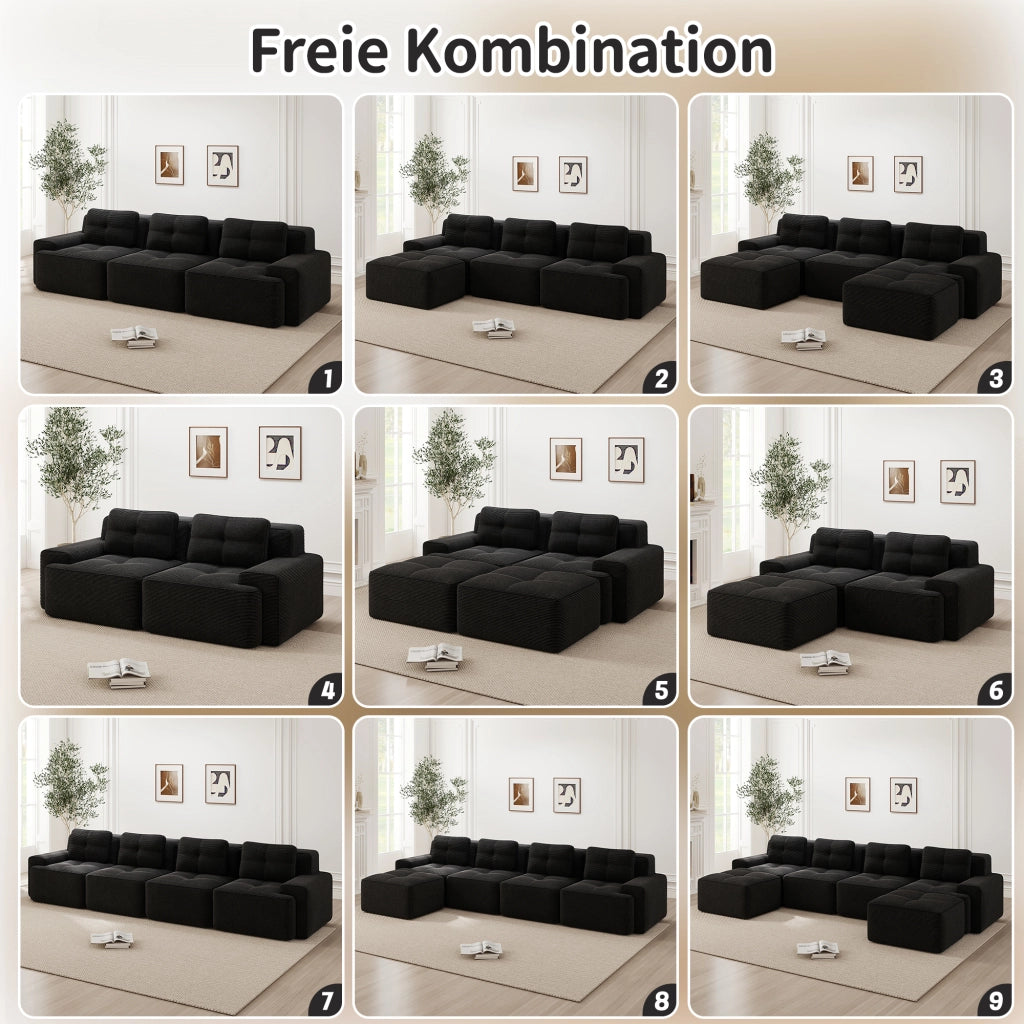 Divano modulare 4 posti con seduta profonda 74 cm; base antiscivolo e braccioli larghi; velluto a coste nero