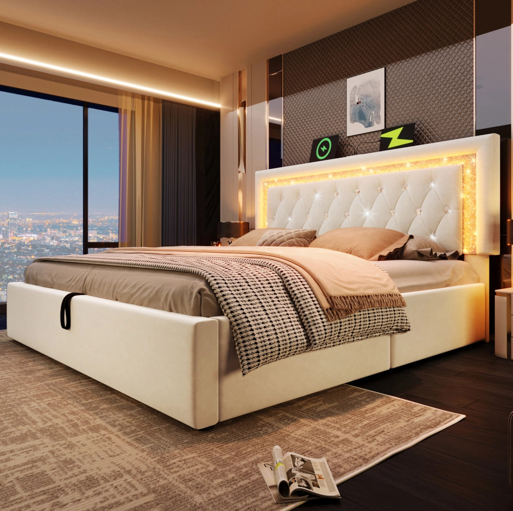 Letto matrimoniale 140x200 cm in velluto con LED, presa USB e spazio contenitivo, con materasso incluso