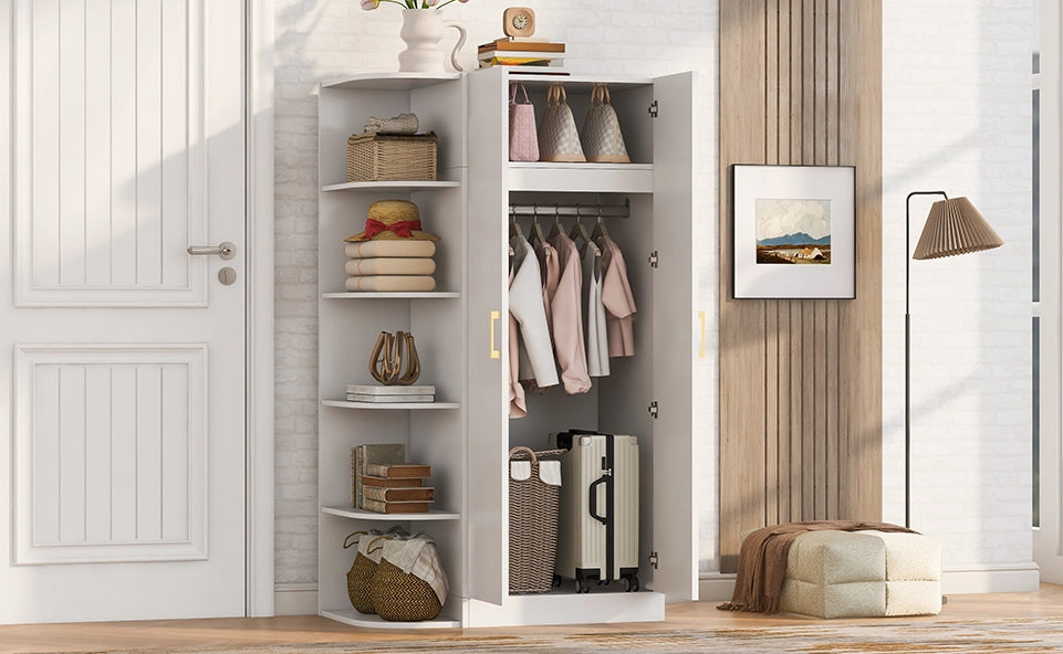 Armadio con doppia anta 90x55x170 cm, ripiani multi-livello, struttura in metallo e MDF, colore bianco