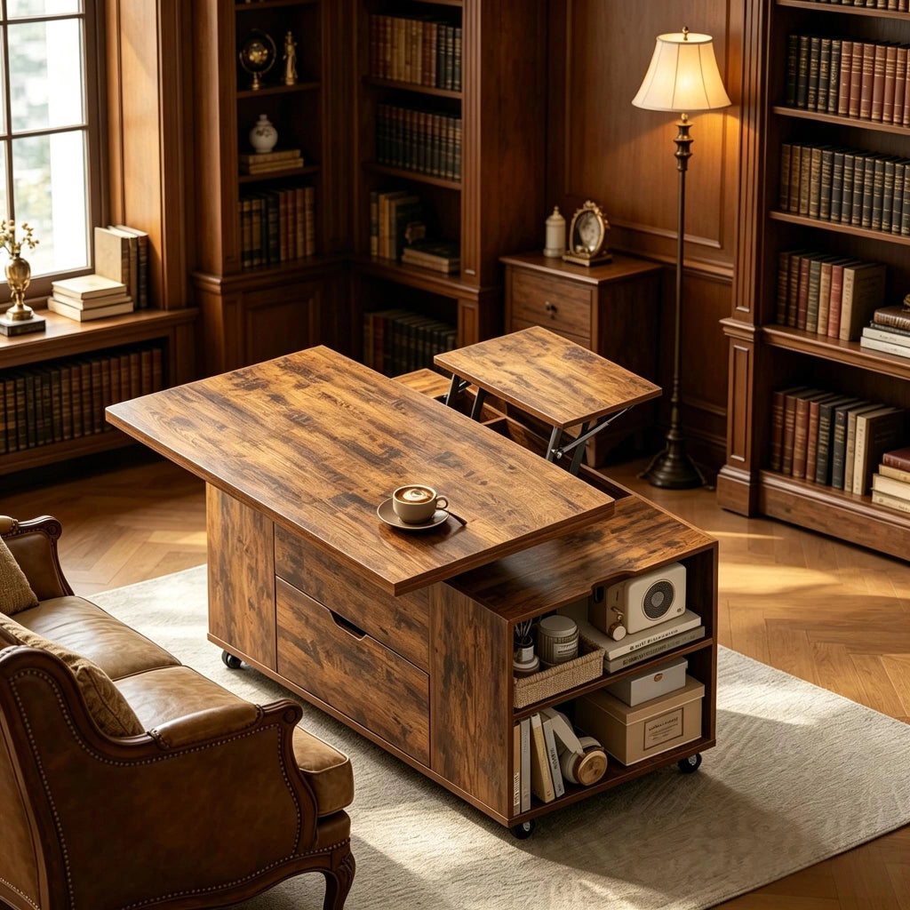 Tavolino basso alzabile con piano estensibile; cassetto e ruote bloccabili marrone rustico 50.5 × 100 × 53 cm