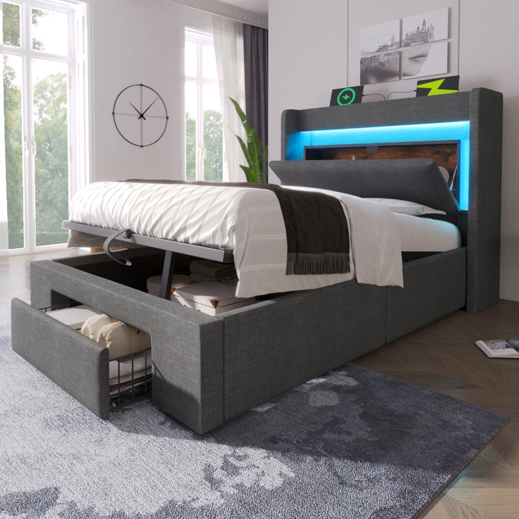 Letto imbottito 90x200 cm con contenitore idraulico, testiera con vano portaoggetti, illuminazione LED e porte USB/USB-C, struttura con doghe in legno, grigio in lino, senza materasso