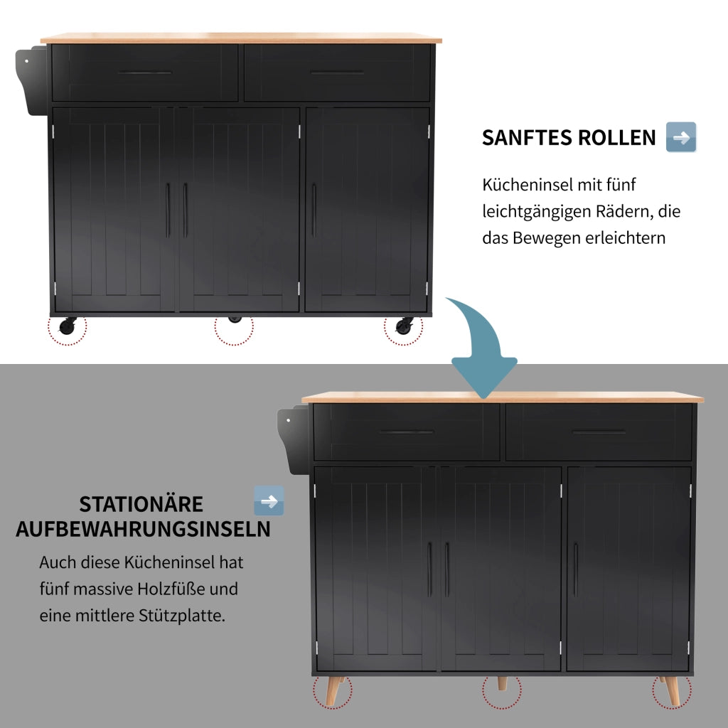 Carrello da cucina con 2 cassetti, ripiani regolabili, portasciugamani e piano pieghevole, nero, 129 × 71 × 91,5 cm