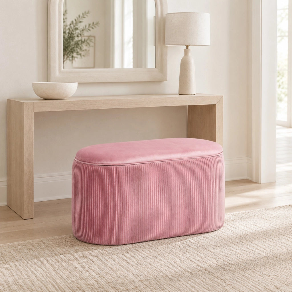 Panca contenitore 81x40x41 cm in poliestere rosa effetto velluto stile retr¨°