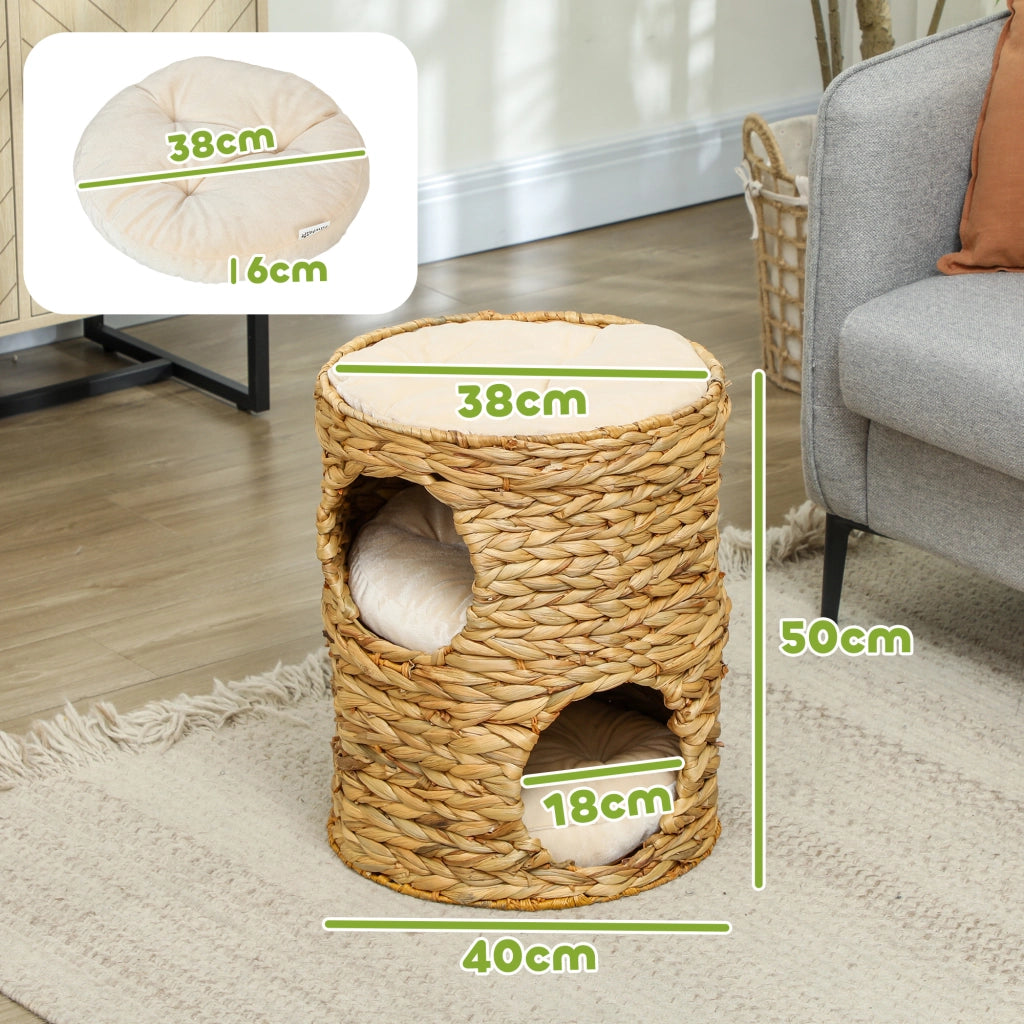 Tiragraffi a botte per gatti 50 cm in giacinto d'acqua marrone chiaro con 2 nicchie e cuscino cuccia robusto