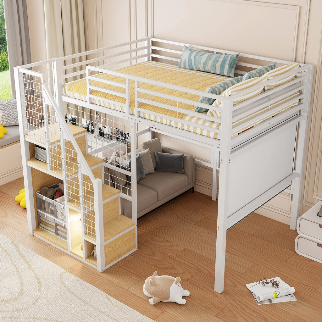 LETTO A CASTELLO 140x200 in metallo bianco con scala e ripiani