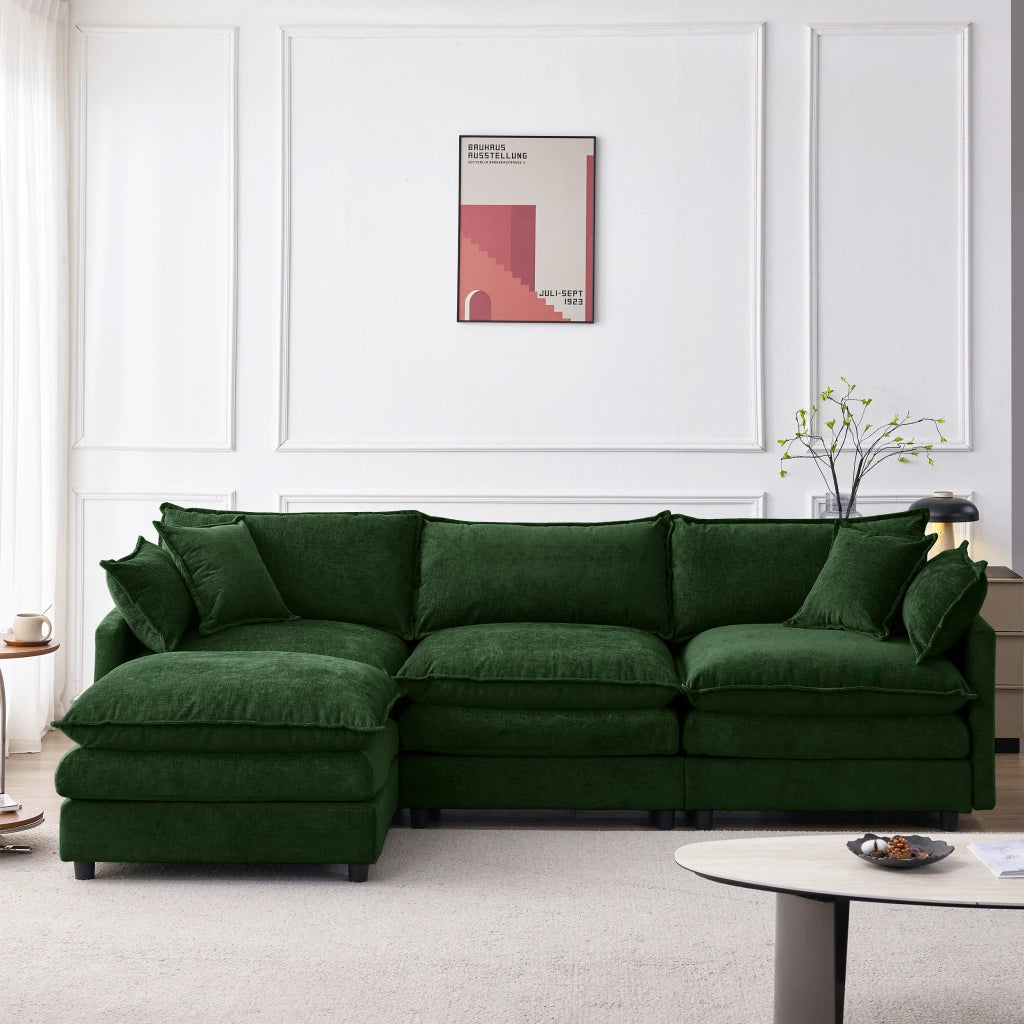Divano angolare a 3 posti modulare in ciniglia verde con pouf struttura in legno sfoderabile 267 × 154 × 85 cm