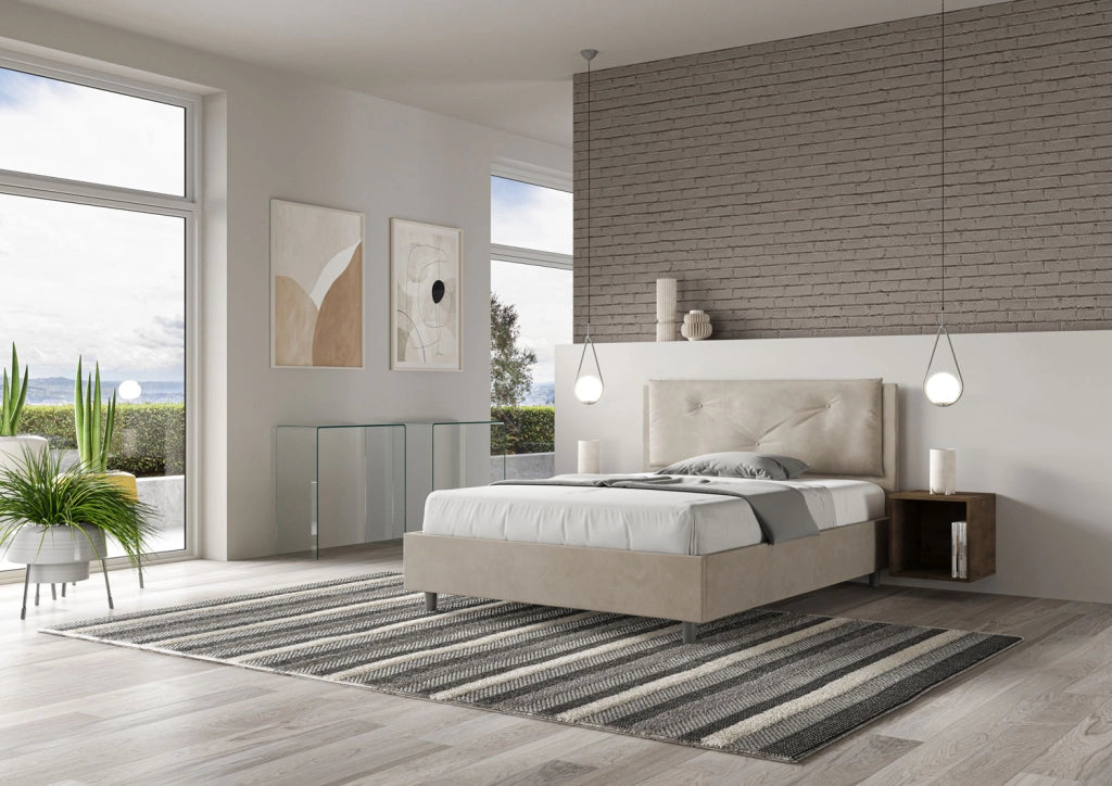 Letto Matrimoniale Francese 140x200 cm con Rete Imbottito in Microfibra Appia Large Sabbia