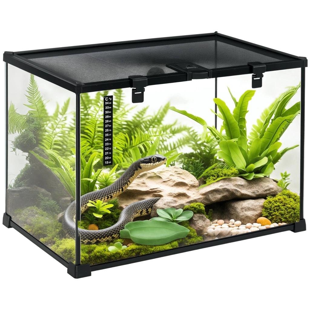 Terrario per Rettili Rialzato con Serratura e Termometro, in Vetro e Rete Metallica, 50x30x35 cm, Nero