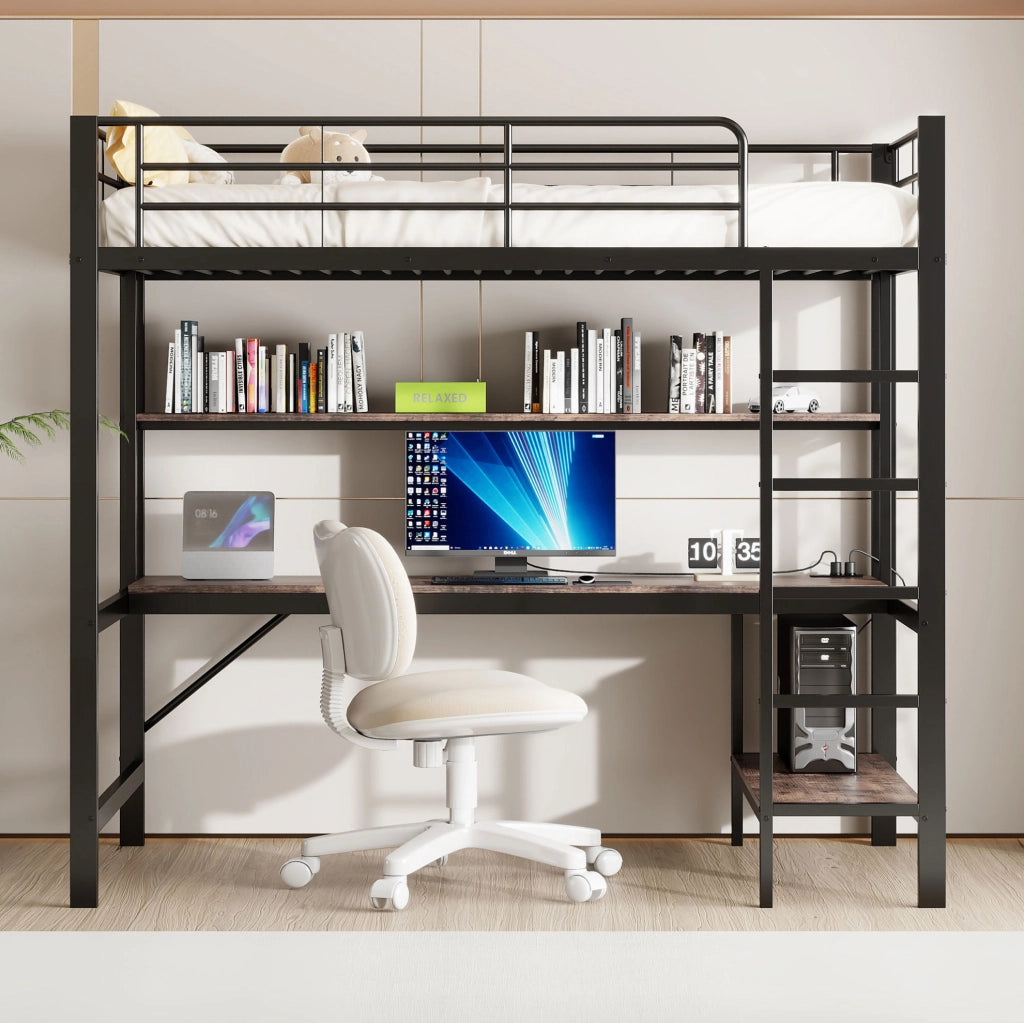 Letto a soppalco 90x200 cm con scrivania, LED e USB