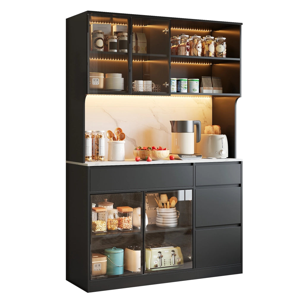 Mobile alto 120x40x180 cm bianco e nero con LED e ripiano effetto marmo HOMVRA