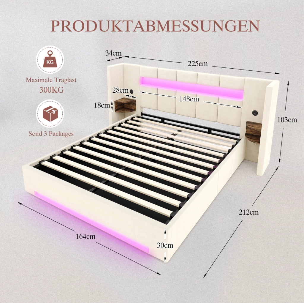 Letto con struttura in velluto 160x200 cm con testiera larga, doppi USB, armadietti retro, luci LED e grande contenitore sottostante con tessuto non tessuto