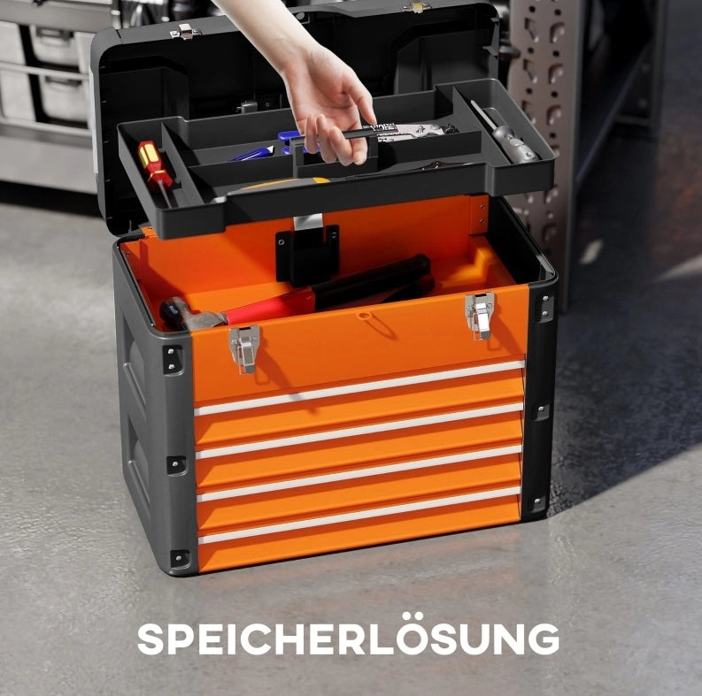 Cassettiera portautensili in acciaio con 4 cassetti, 49,7 x 25,3 x 40,7 cm, arancione, con vassoio superiore rimovibile e maniglia