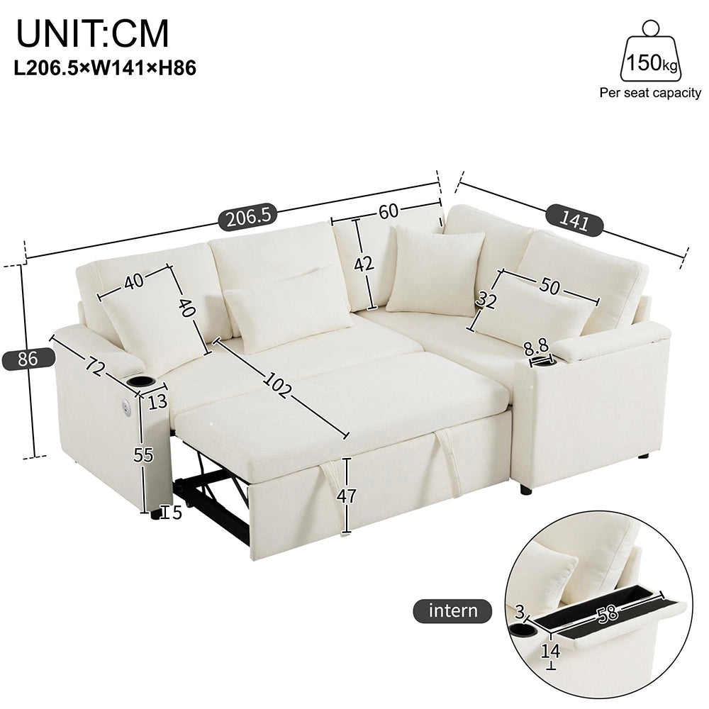 Divano angolare a L - Xylo - Con USB e ripostiglio, beige