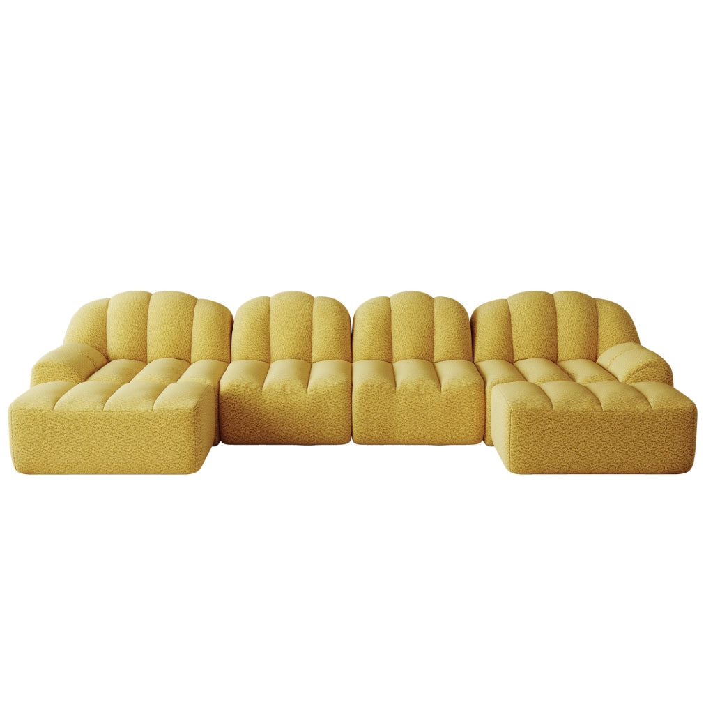 Divano modulare a U 4 posti 366x165x79 cm in tessuto peluche giallo, 2 pouf