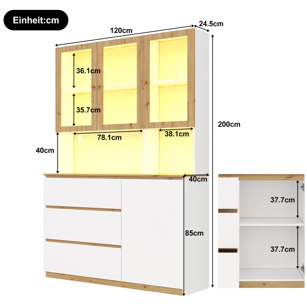 Vetrina alta multifunzione con LED, bianco e rovere