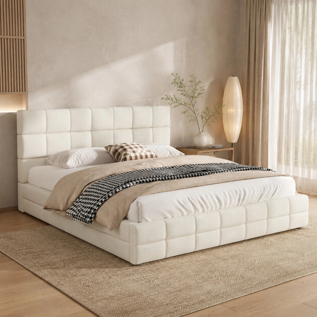 Letto imbottito 180 × 200 cm con testiera imbottita rivestito in velluto beige rete a doghe inclusa