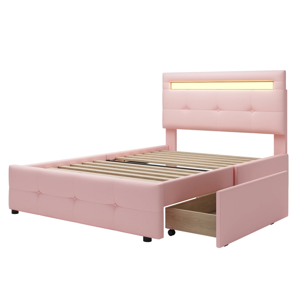 Letto Singolo 90x200 Imbottito Rosa con Luci LED e 2 Cassetti