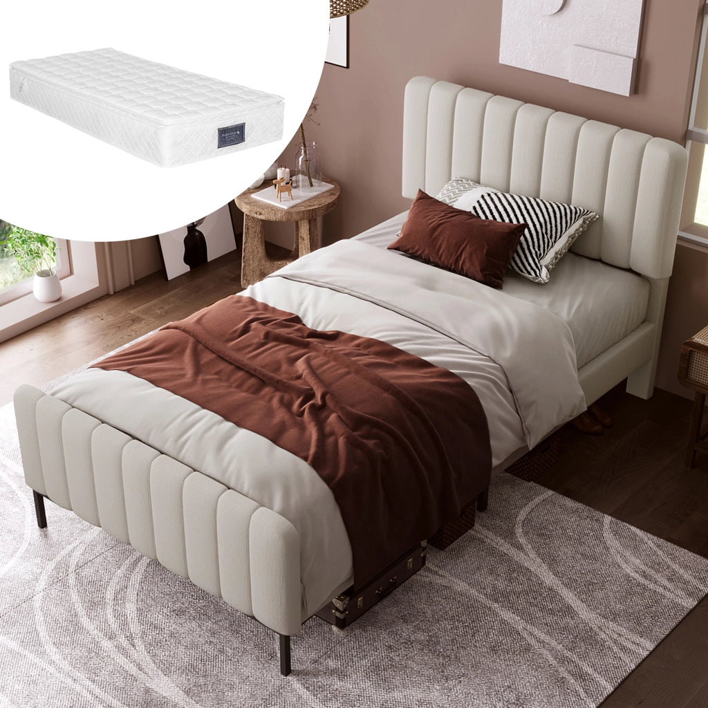 Letto singolo imbottito 90x200 cm grigio beige con materasso