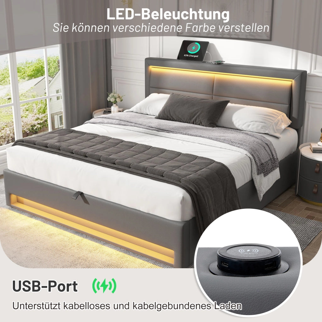 Letto imbottito 140 × 190 cm con ricarica USB e wireless LED telecomandato vano contenitore in PU grigio