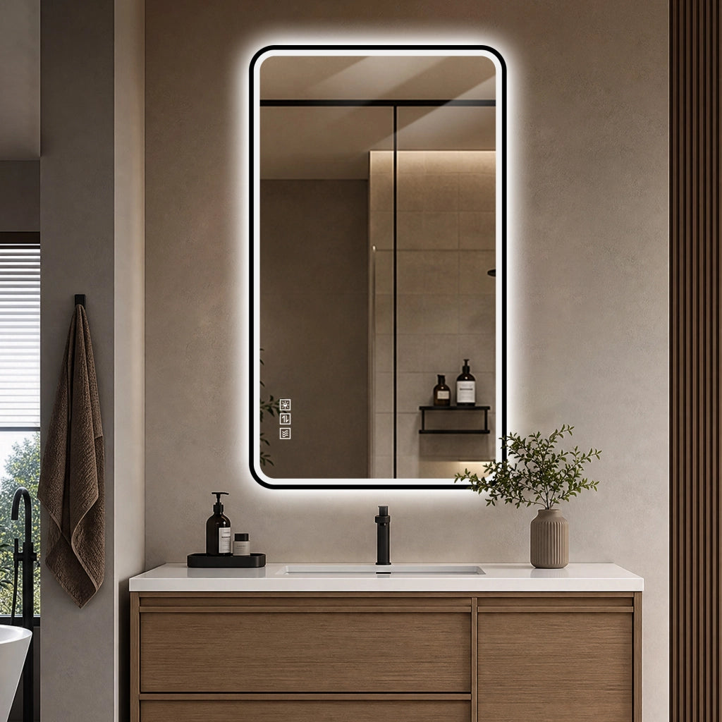 Specchio da bagno LED con cornice nera; luce frontale e posteriore; antiappannamento; dimmerabile; IP44