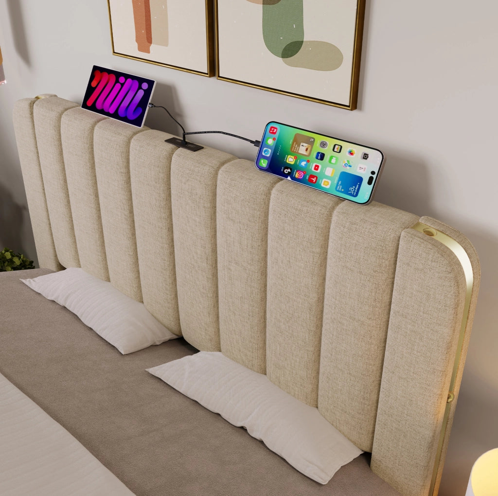 Letto matrimoniale beige 180x200 cm con 4 cassetti, USB e Type-C