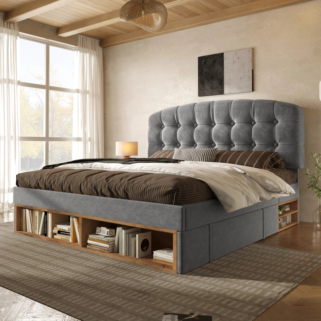 Letto con cassetti 90 × 200 cm con rete a doghe testiera regolabile rivestito in velluto grigio con vani aperti