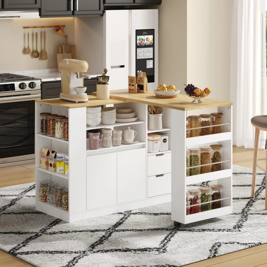 Isola da cucina con piano girevole ed estraibile; ripiani su 3 lati e 2 cassetti; bianco e legno; 115x50x92 cm