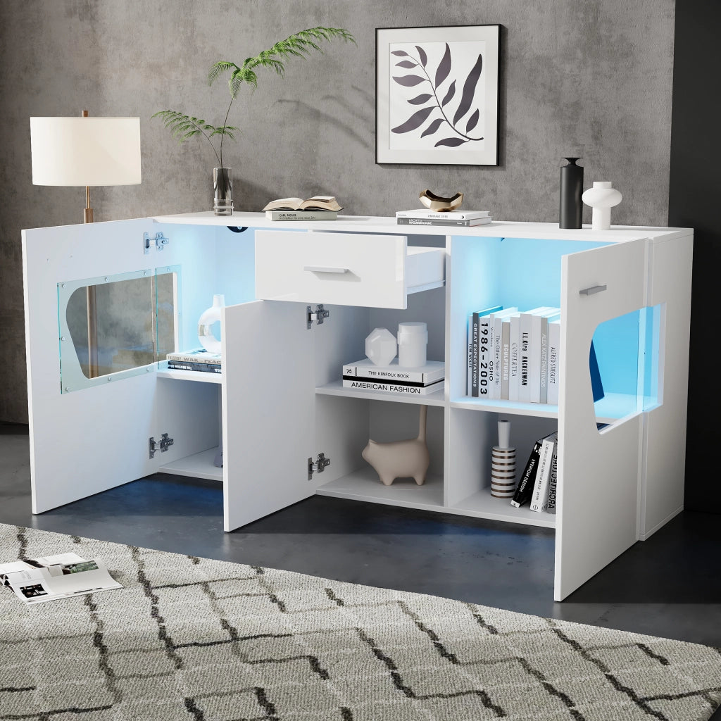 Madia per soggiorno con 3 ante cassetto vetro di sicurezza e LED MDF bianco lucido 140 × 33 × 70 cm