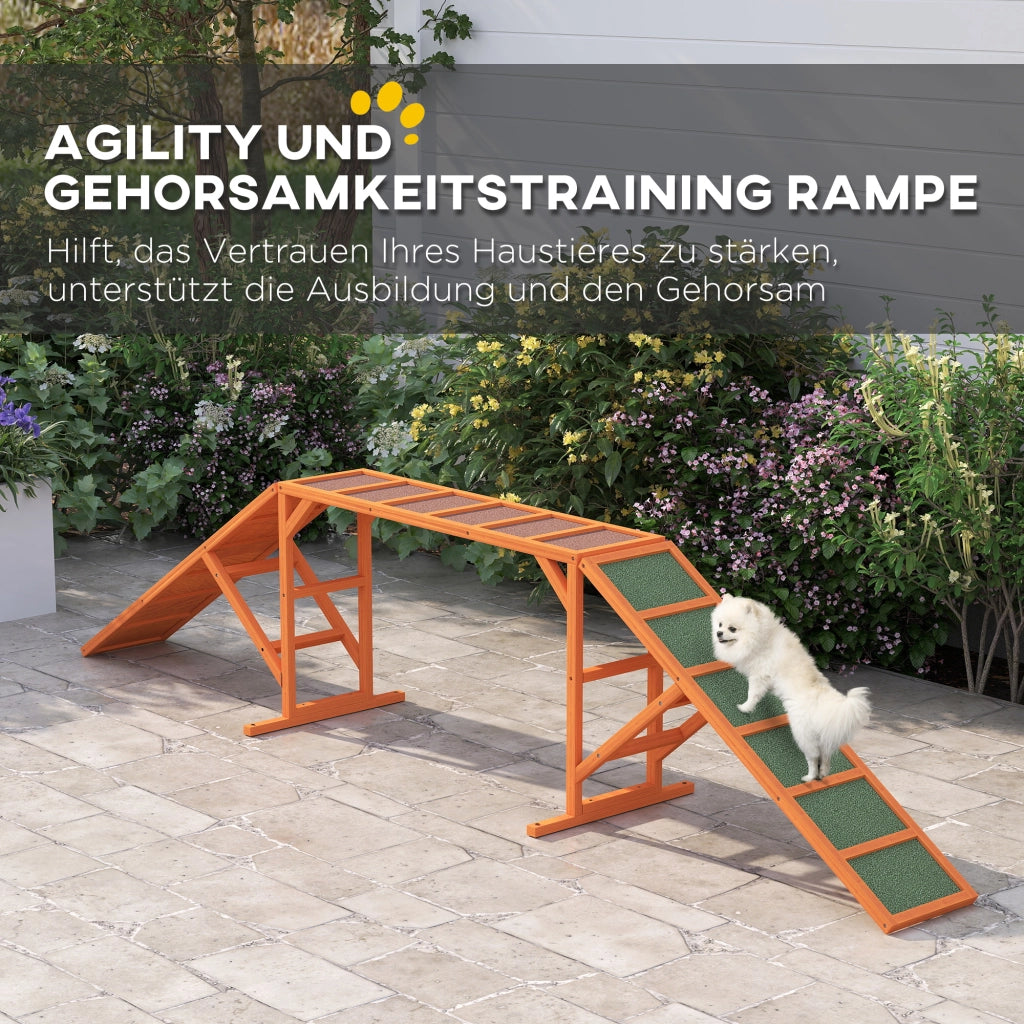 Passerella per agility cani con barra di sicurezza e superficie antiscivolo in legno arancione 325 × 55 × 69 cm