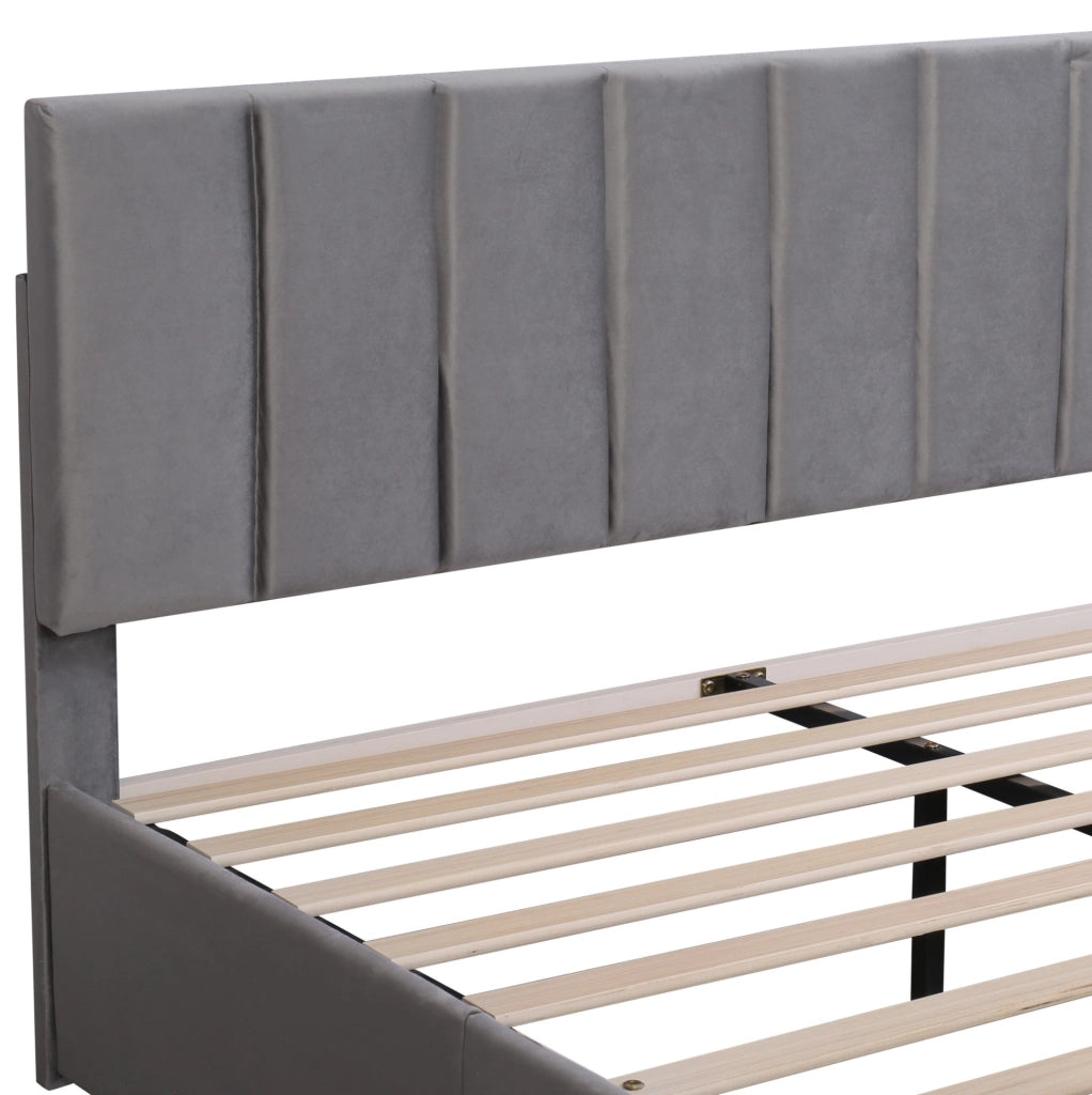 Letto imbottito in velluto grigio 160x200 cm con rete a doghe e 4 cassetti YEAVIO