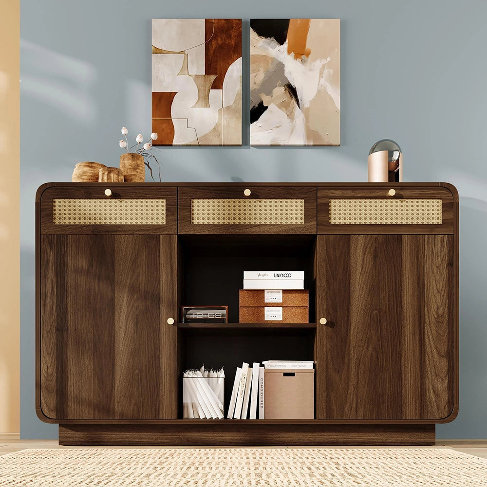 Credenza Sideboard 120cm - Xylo - Noce con 3 Cassetti e Maniglie in Vimini/Oro