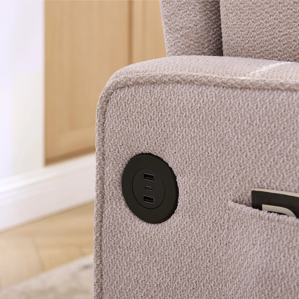 Divano letto 195x134x73 cm trasformabile con porte USB in legno e tessuto beige