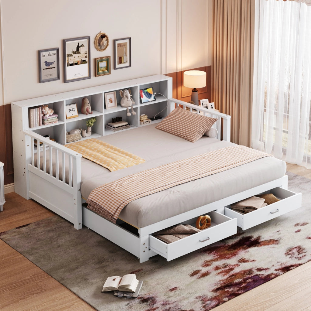 Letto estraibile multifunzione in legno bianco con due cassetti rete a doghe presa e ripiani integrati
