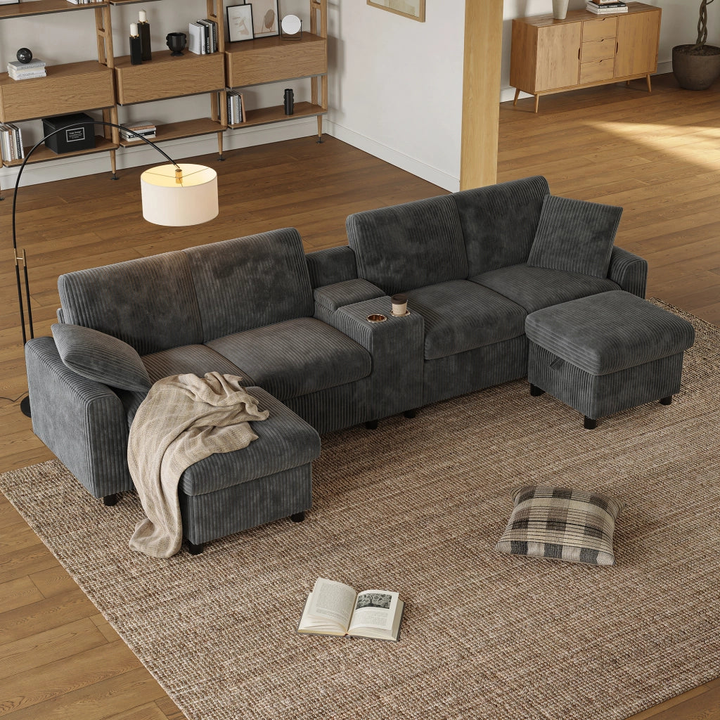 Divano a U in velluto a coste grigio 315 cm 4 posti con due pouf