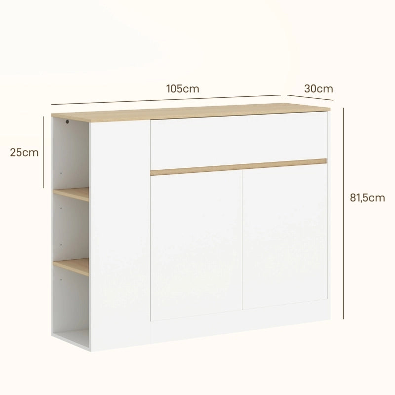 Credenza con 2 ante; 1 cassetto e 3 ripiani regolabili per cucina e sala da pranzo; 105×30×81.5 cm; bianco