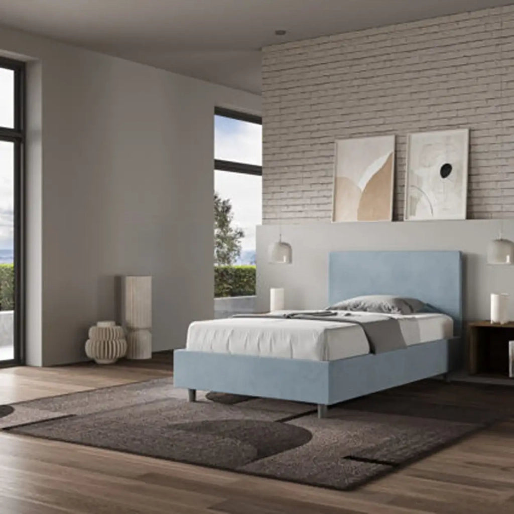 Letto una piazza e mezza contenitore imbottito 120x190 microfibra azzurro Adele