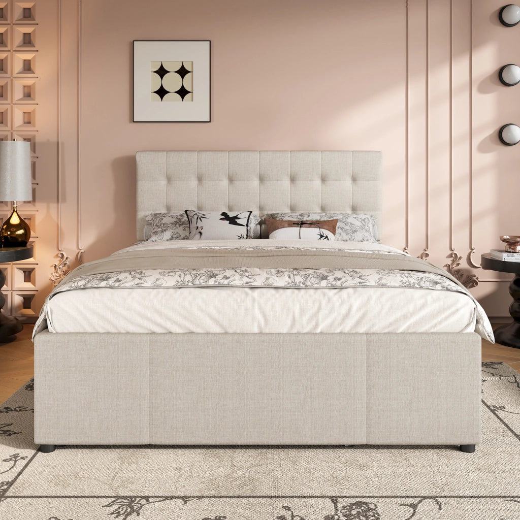 Letto imbottito matrimoniale 140 ¡Á 200 cm estraibile con tre cassetti testiera regolabile beige