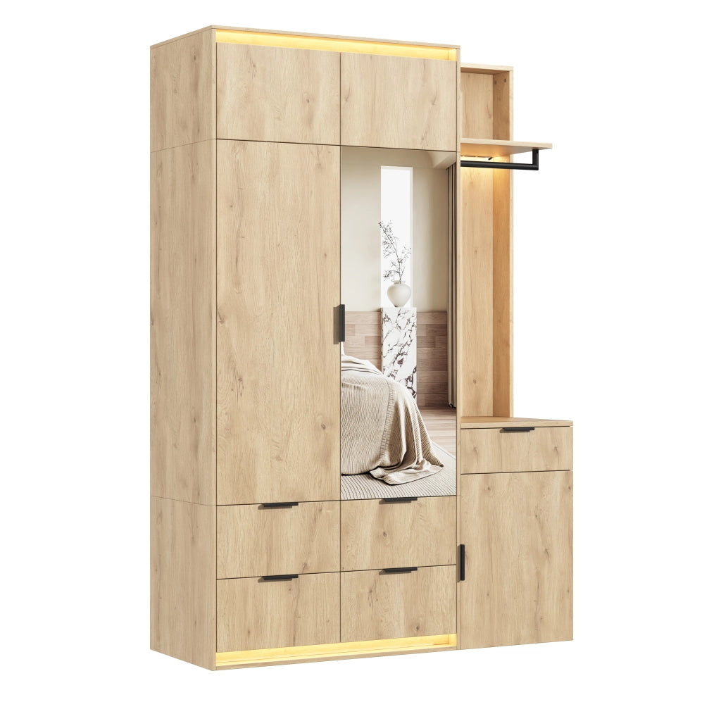 Armadio da ingresso con specchio e LED, 5 cassetti, 3 vani e 2 appendiabiti per camera da letto, MDF, rovere, 135 × 47 × 200 cm
