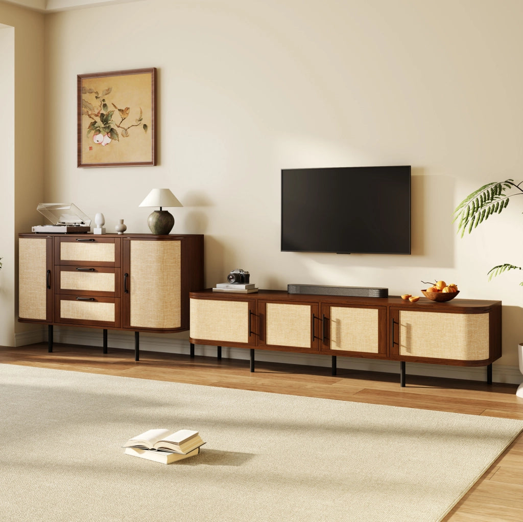 Set soggiorno con mobile TV e sideboard; frontali effetto intrecciato; MDF; noce