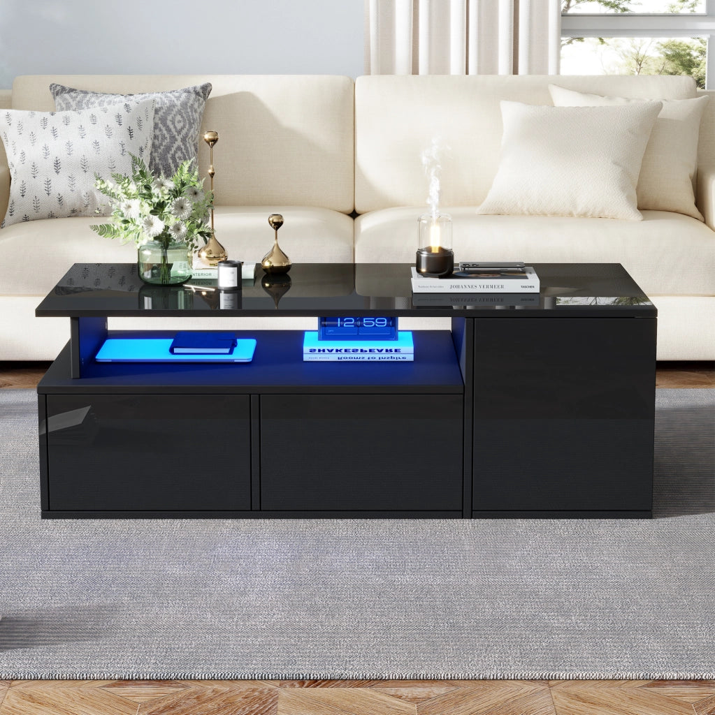 Tavolino da soggiorno 100 x 50 x 35 cm nero con LED; 2 cassetti e vani laterali