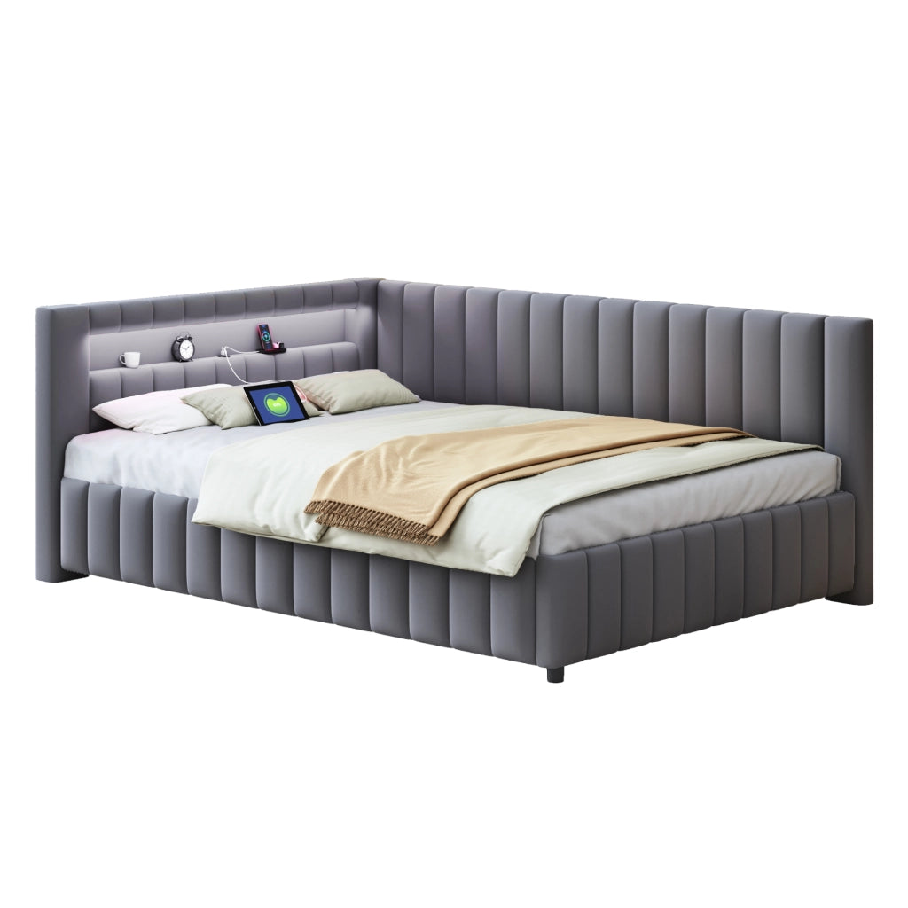 Divano letto 140 × 200 cm a L rivestito in velluto grigio con LED multicolore; USB; testiera e schienale