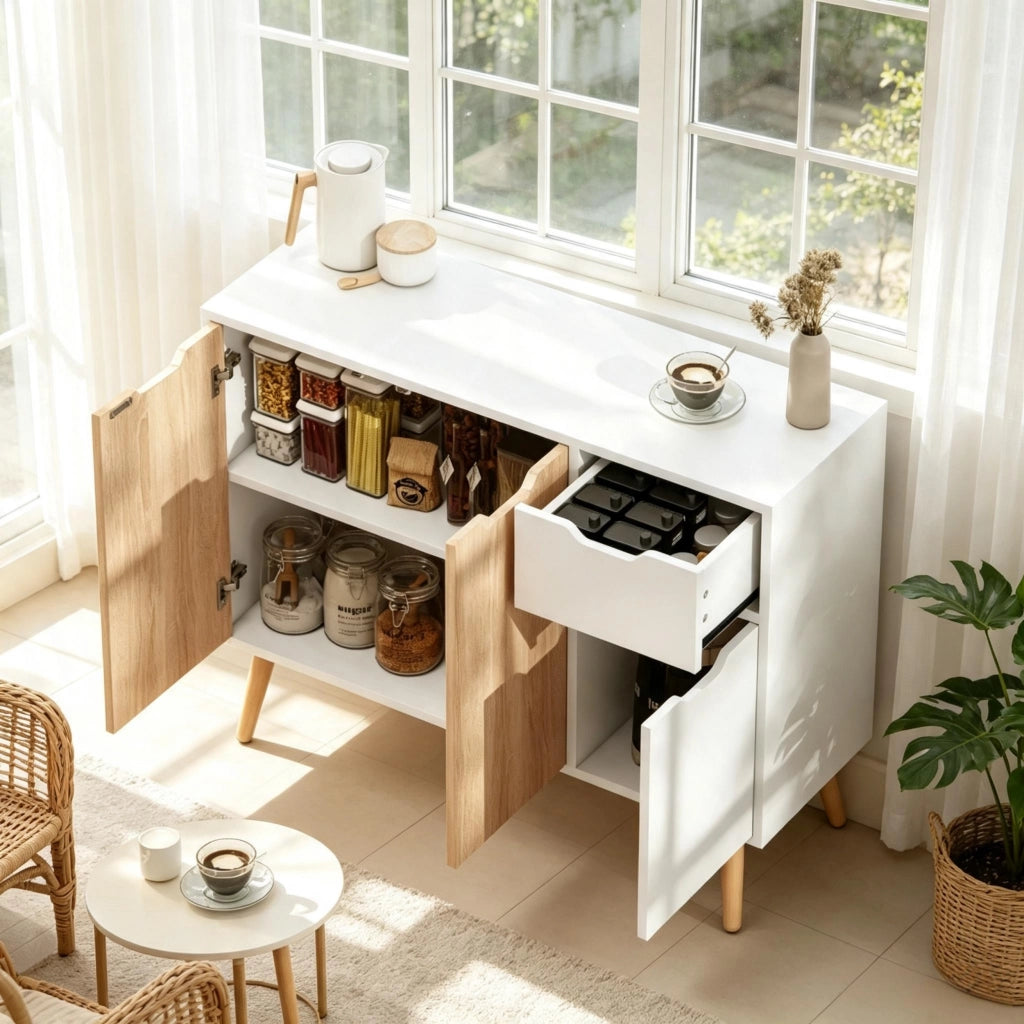 Sideboard design scandinavo con cassetti e ante, mobile per ingresso