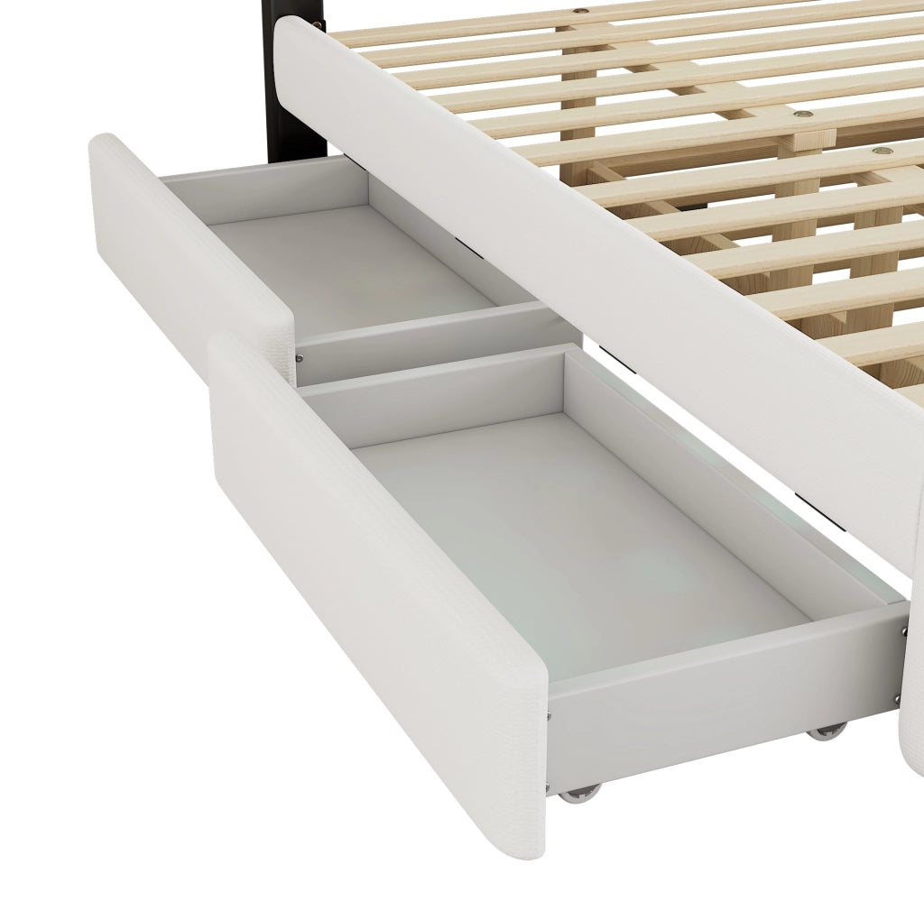 Letto matrimoniale imbottito ULEVR 140x200 cm con letto estraibile, 2 cassetti e barra luminosa, bianco