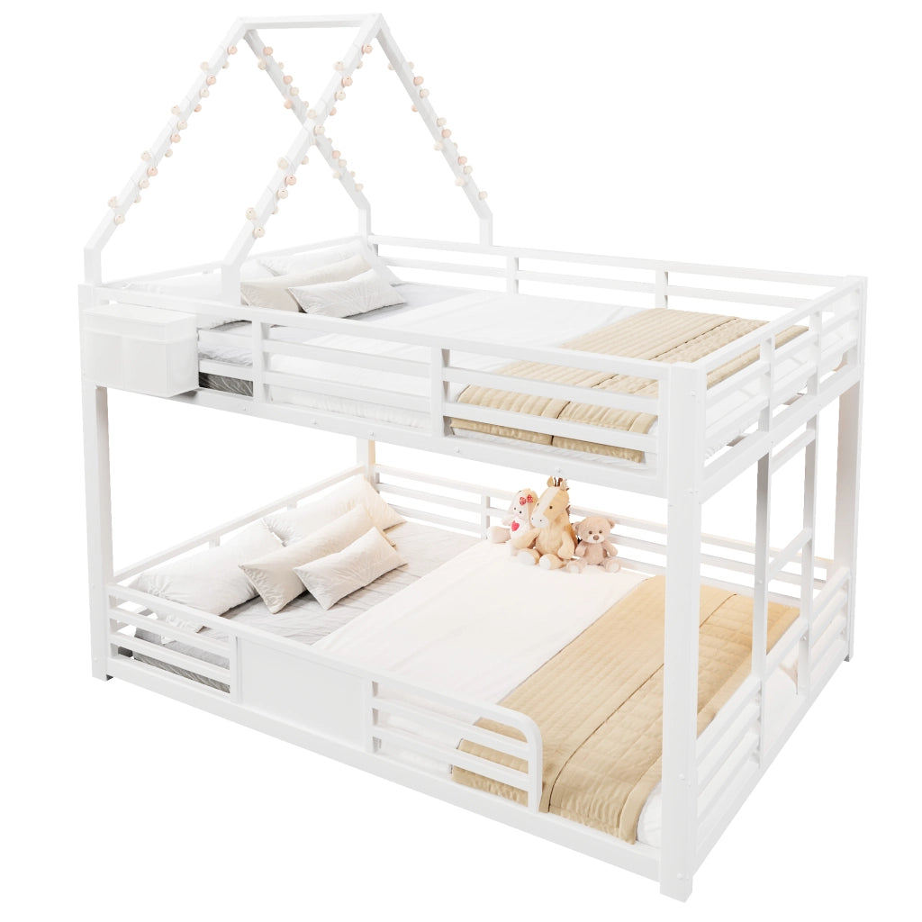 Letto a castello 140x200 cm in metallo e MDF con LED, design casetta bianco