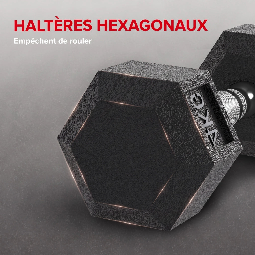 Ensemble d'haltères courtes, lot de 2 haltères hexagonaux recouverts de caoutchouc, acier noir