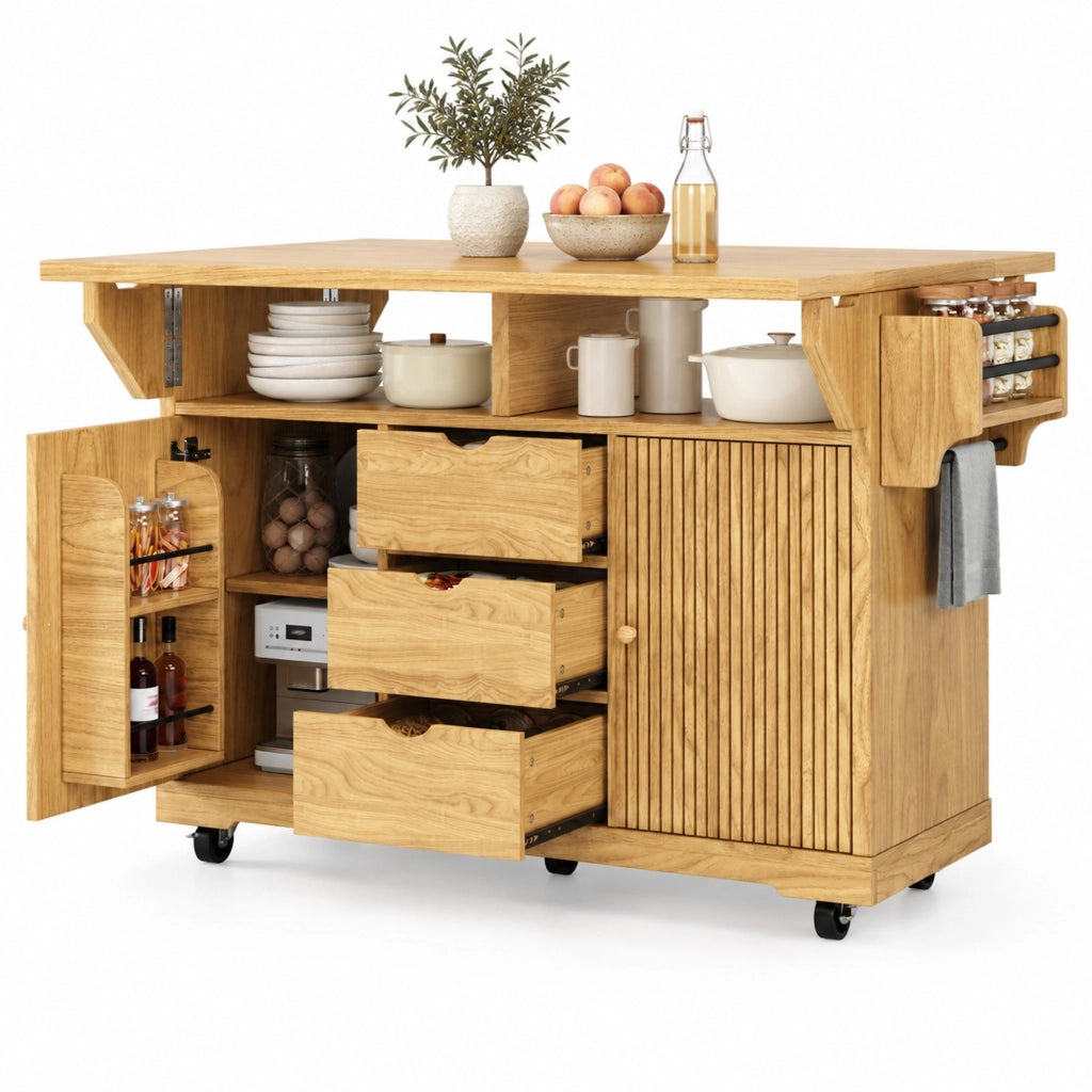 Carrello da cucina con piani ribaltabili 142,5x80x95 cm in MDF e metallo marrone